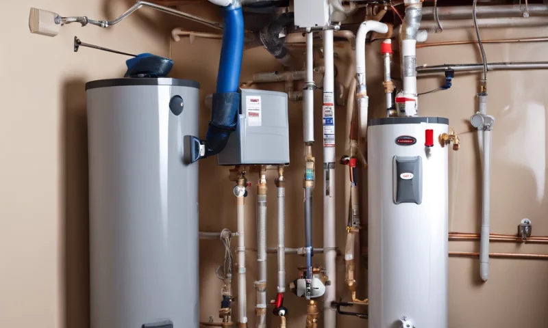 A clean and efficient installation of dual water heaters in a home, showcasing modern plumbing solutions with various safety and operational valves visible.